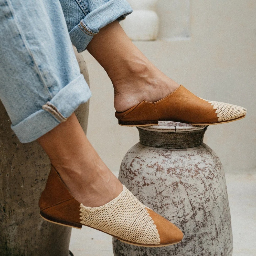 Bulibasha Tan Leather Crochet Pointed Flats Shoes 38 7.5 Handmade Boho Bali $329